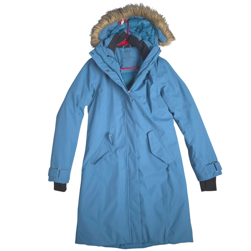 LL Bean‎ Womens Down Insulated Parka Coat Blue Faux Fur Hood XS Reg
